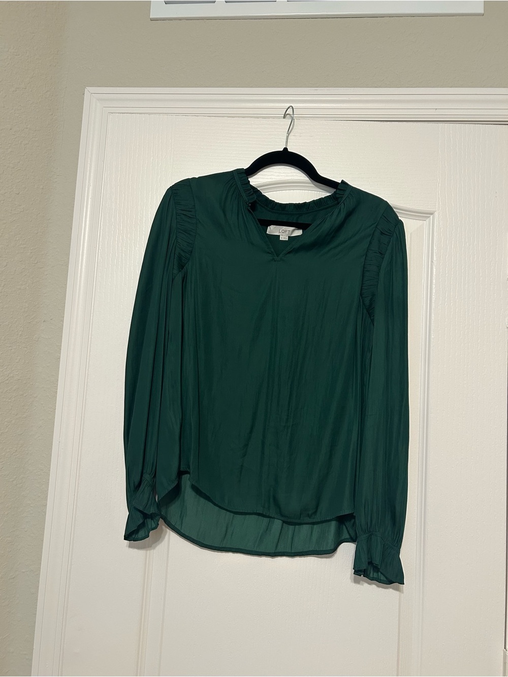 LOFT Deep Green Long-Sleeve Ruffle Neck Blouse